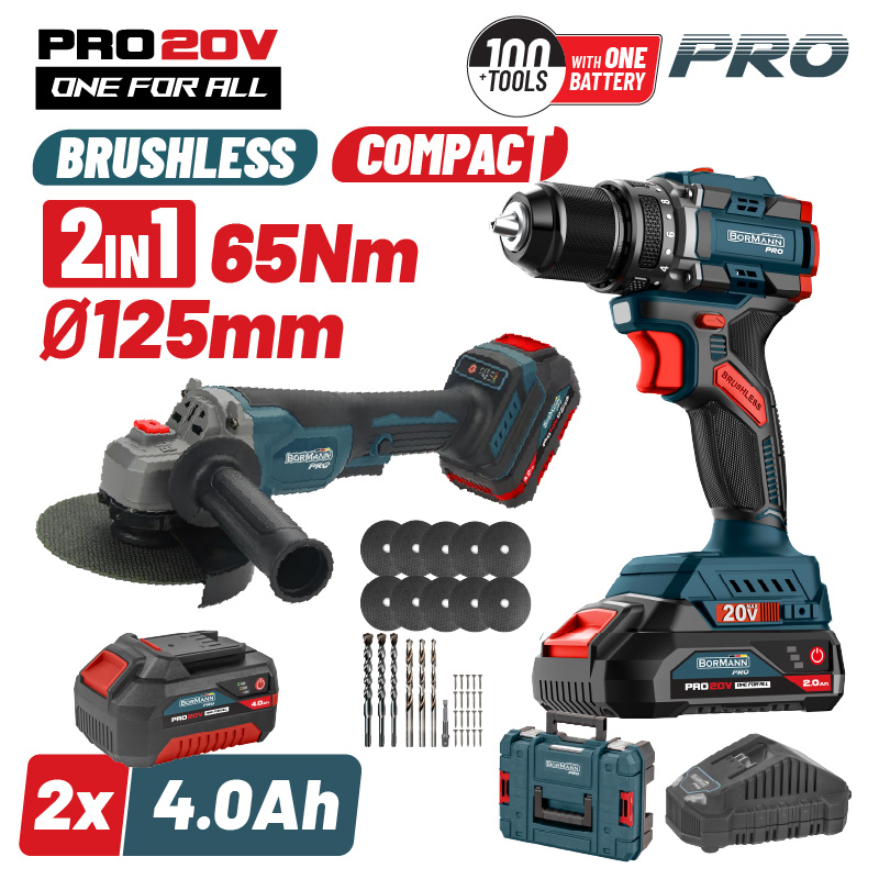 BORMANN Pro BBP5433X44T2CA Σετ Compact Brushless Κρουστικό Δραπαν/βιδο 65Νm & Γωνιακός Τροχός,ΒMC BORMANN Pro BBP5433X44T2CA Σετ Compact Brushless Κρουστικό Δραπαν/βιδο 65Νm & Γωνιακός Τροχός,ΒMC