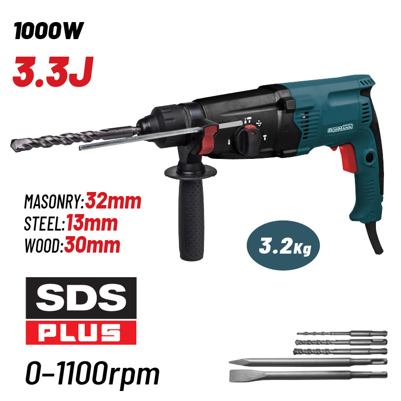 BORMANN BPH3015 Σκαπτικό Περιστροφικό Πιστολέτο SDS-PLUS 1000W,3.3J,0-1100rpm & Βαλίτσα
