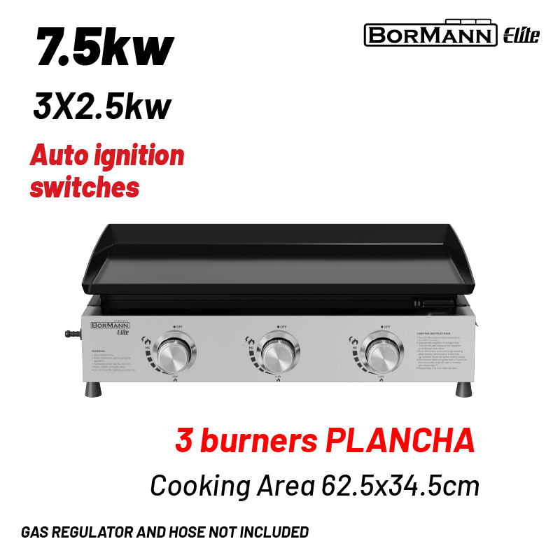 BORMANN Elite BBQ1810 Grill Υγραερίου Plancha με 3 Καυστήρες (3x2.5W), Επιφάνεια Ψησίματος 62.5x34x5