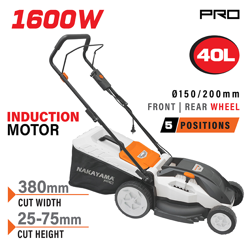 NAKAYAMA EM4016 Χλοοκοπτική Ηλεκτρική 1600W με Επαγωγικό Μοτέρ, Κοπή 38cm,Κάδος 40L, Κεντρική Ρύθμισ