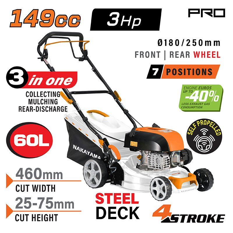 NAKAYAMA Pro PM5465 Χλοοκοπτική Βενζίνης Αυτοκινούμενη,149cc, Πλάτος Κοπής 46cm, Κάδος 60L